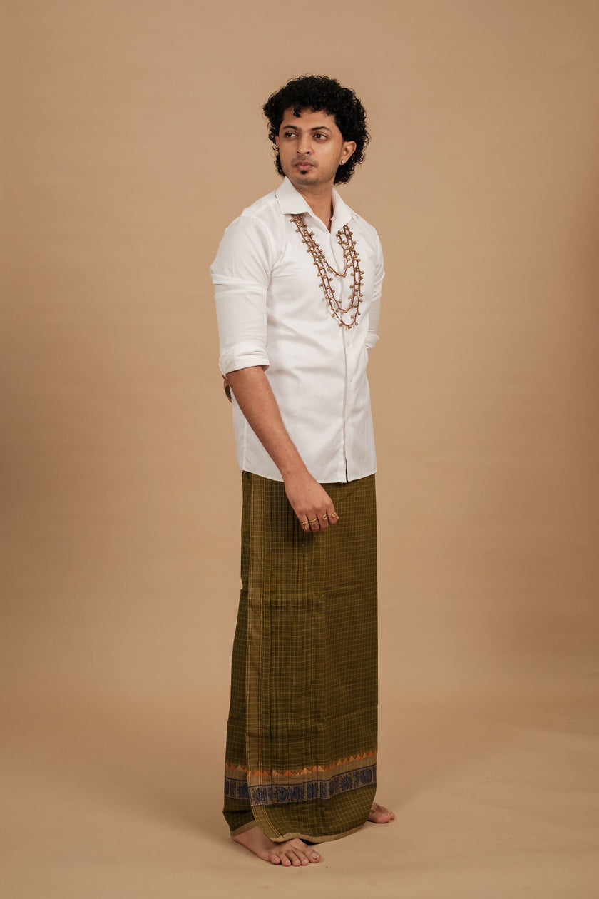 One of a Kind Veshti – Kattam Olive