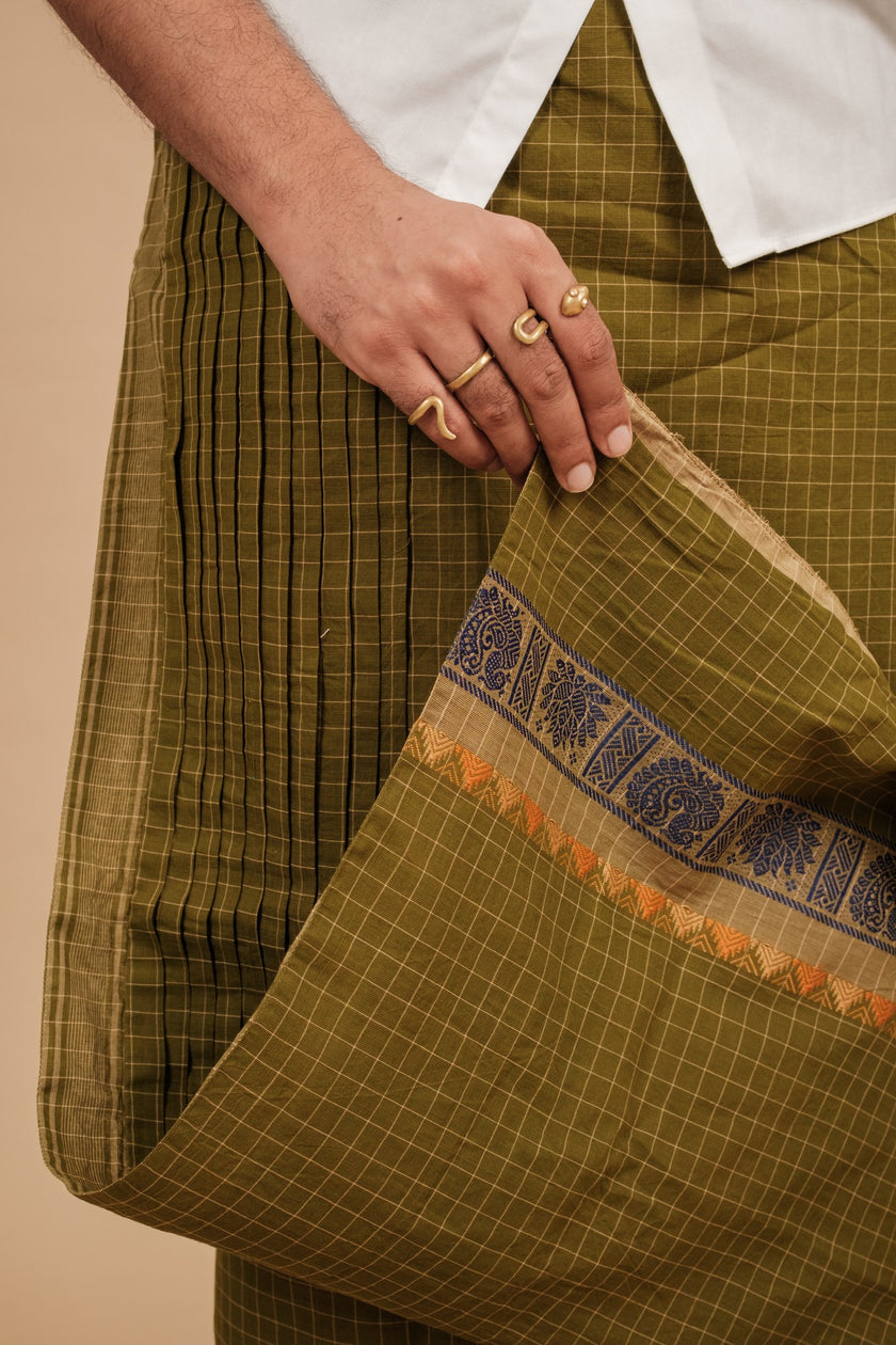 One of a Kind Veshti – Kattam Olive