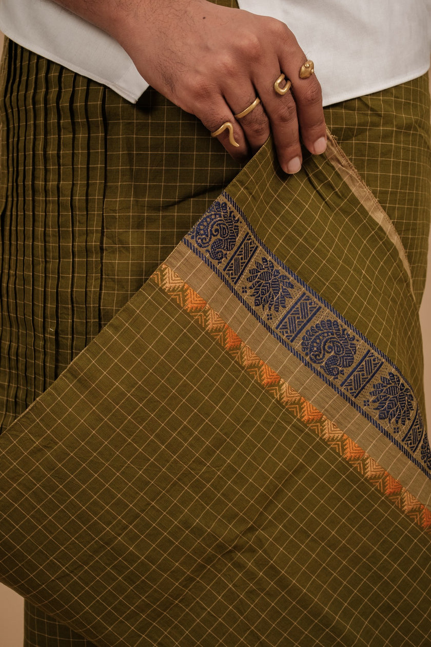One of a Kind Veshti – Kattam Olive